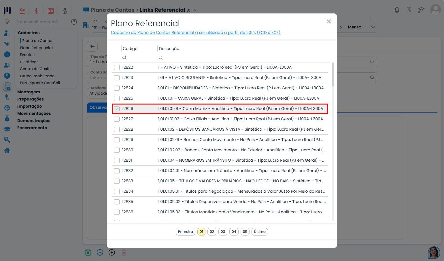 Janela do Sistema Contábil Makro com lista de contas do plano referencial para seleção na Vinculação do Link Referencial conforme natureza contábil
