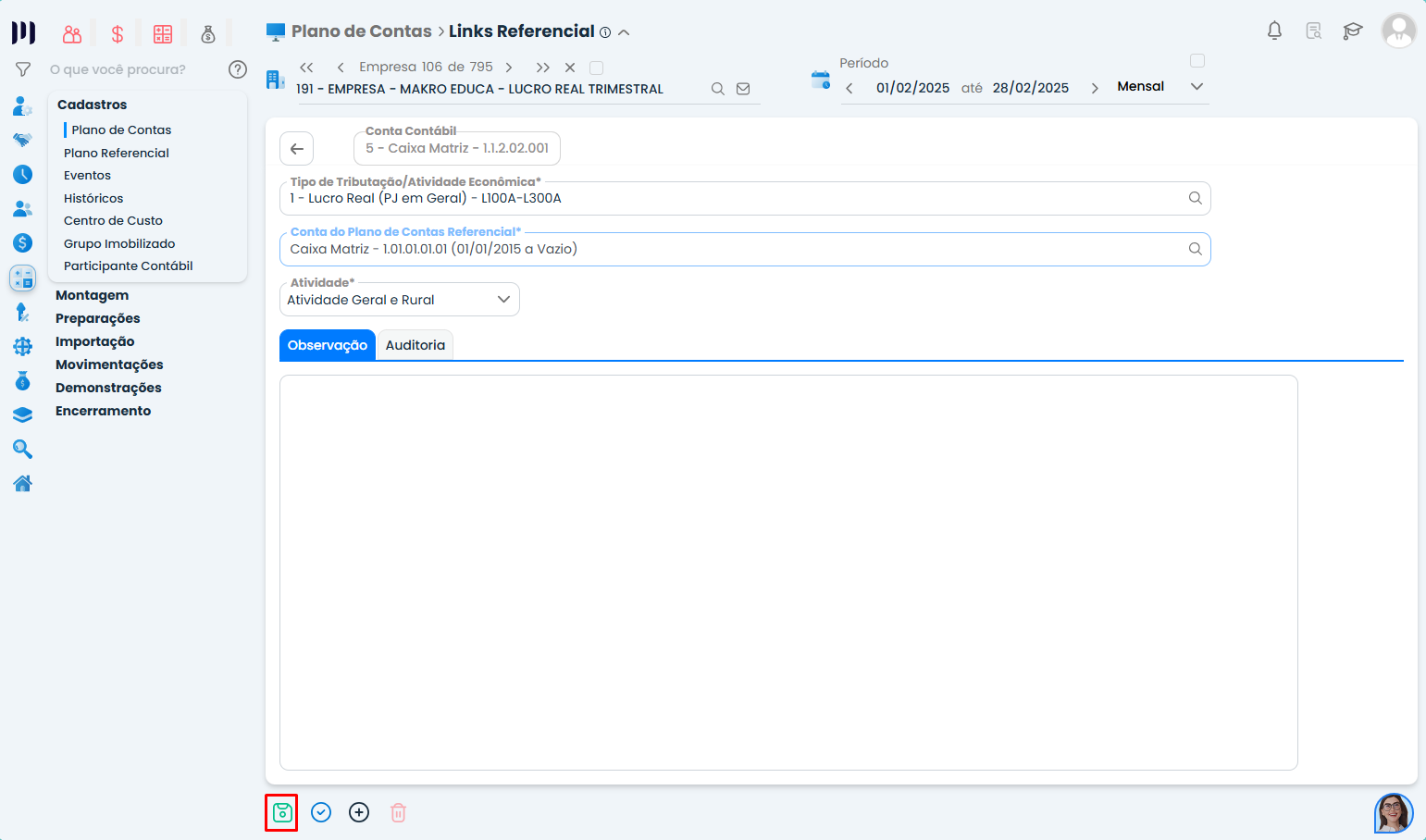 Tela final do Sistema Contábil Makro com dados preenchidos na Vinculação do Link Referencial pronta para salvar cadastro contábil