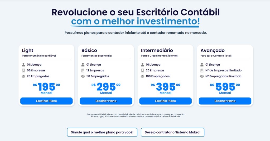 Banner compara opções Light, Básico, Intermediário e Avançado do Sistema Contábil Makro, destacando os Planos do Sistema Makro.