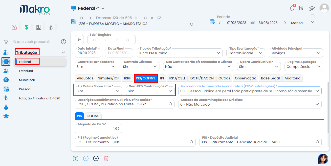 Tela do Sistema Contábil Makro na aba Federal com configurações de PIS e COFINS destacadas, exibindo campos de tributação e apuração fiscal preenchidos.