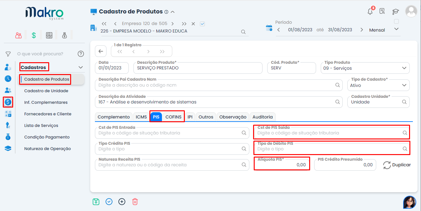 Tela do Sistema Contábil Makro no cadastro de produtos com aba de PIS e COFINS aberta, mostrando campos de CST, alíquotas e tributação configurados.