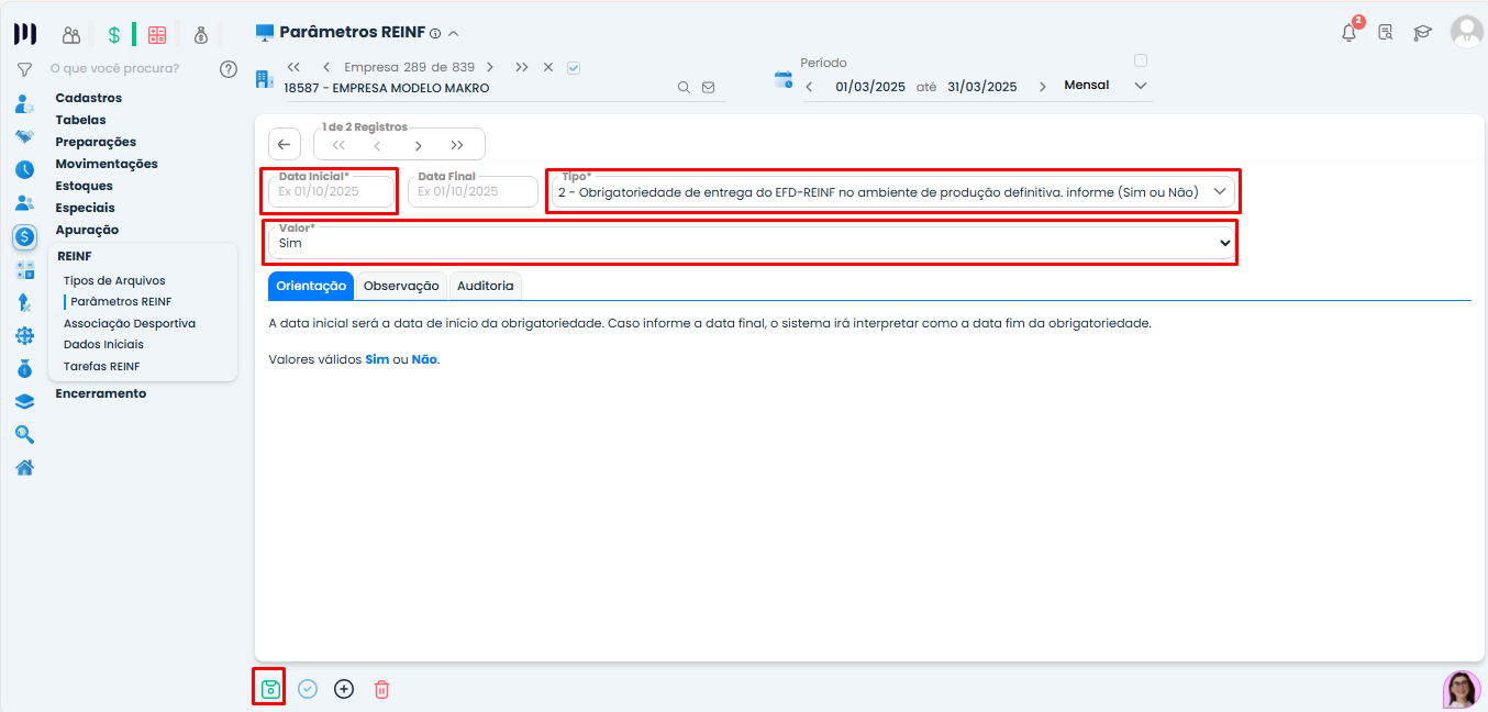 Configuração de parâmetro REINF no Sistema Contábil Makro com campos de obrigatoriedade e data inicial para Geração e Envio do Evento R-1000 na EFD-Reinf