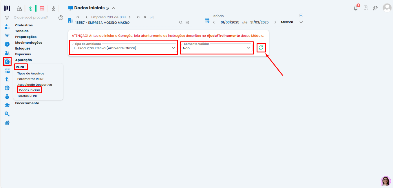 Tela de Dados Iniciais no Sistema Contábil Makro com ambiente produção efetiva e opção somente validar desmarcada na Geração e Envio do Evento R-1000 na EFD-Reinf