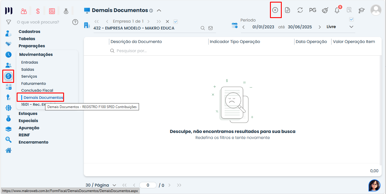 Tela do Sistema Contábil Makro em Fiscal > Movimentações > Demais Documentos para inclusão de retenções em demais documentos com menu lateral destacado