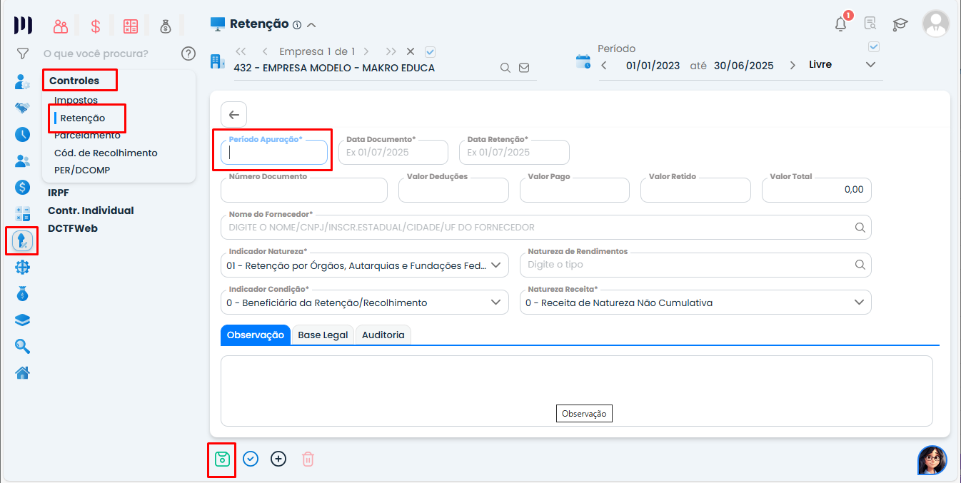 Tela de inclusão de retenção no Sistema Contábil Makro em Tributos > Controles com campos de período e dados para retenções em demais documentos