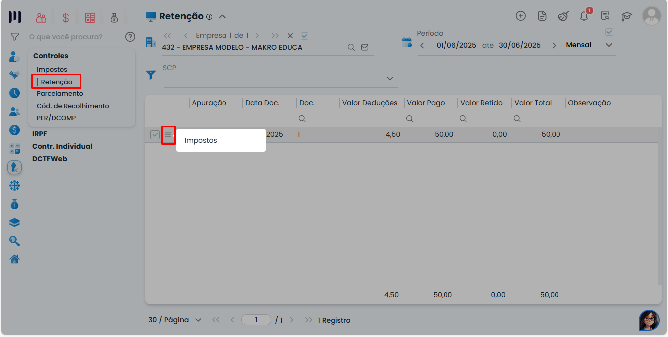 Lista de retenções cadastradas no Sistema Contábil Makro com opção de acessar impostos pelo ícone de menu para retenções em demais documentos