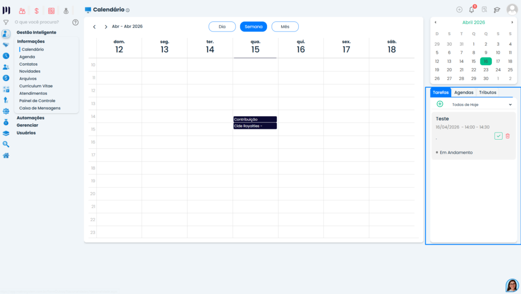 Interface da Agenda no Sistema Contábil Makro com visualização semanal e painel lateral de tarefas exibindo compromissos e status na Agenda no Sistema.