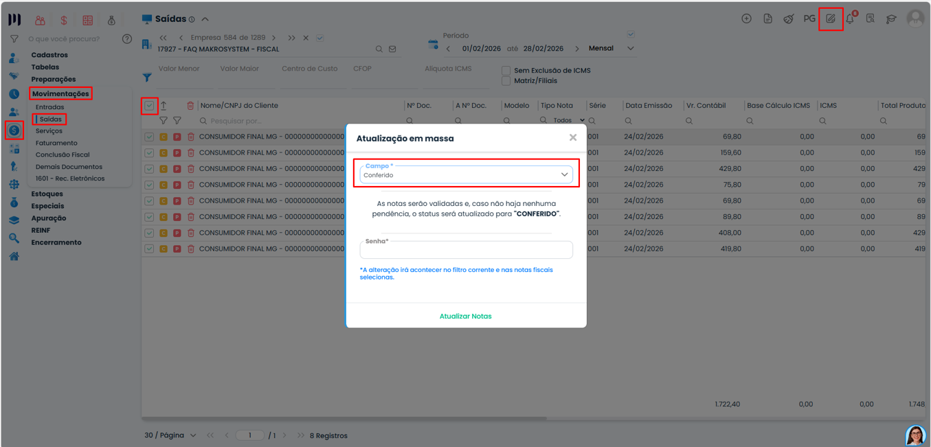 Atualização de notas em massa no Sistema Contábil Makro com status Conferido selecionado para validação fiscal automatizada.