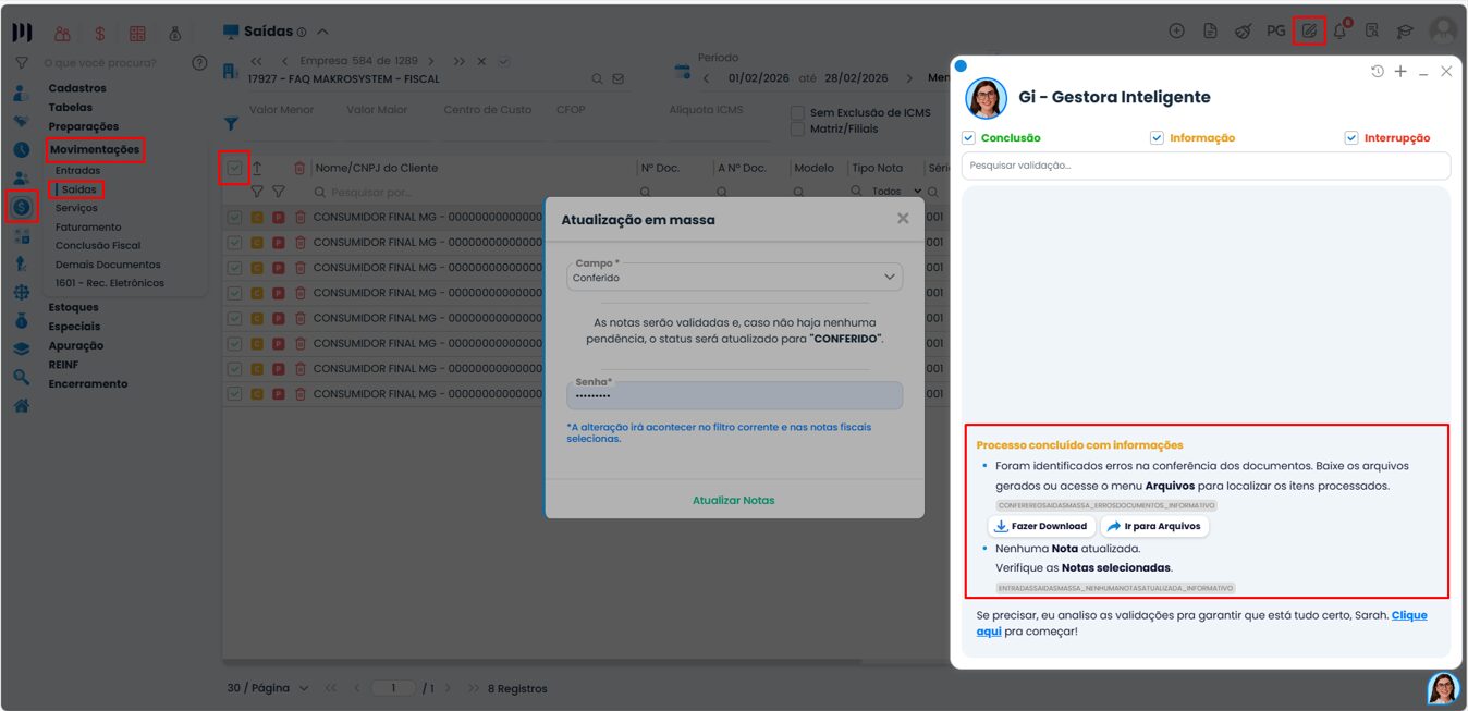 Validação de notas em massa no Sistema Contábil Makro exibindo inconsistências fiscais e opção de download dos arquivos.