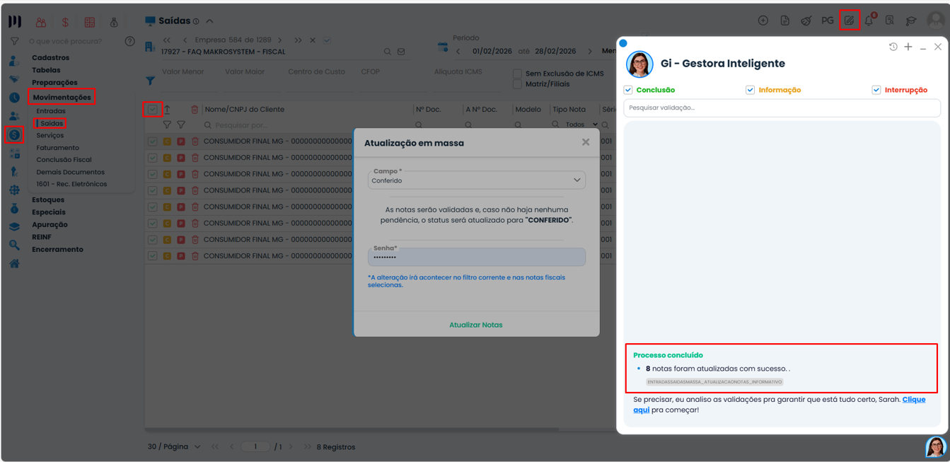 Processo concluído no Sistema Contábil Makro após atualização de notas em massa com status Conferido aplicado com sucesso.