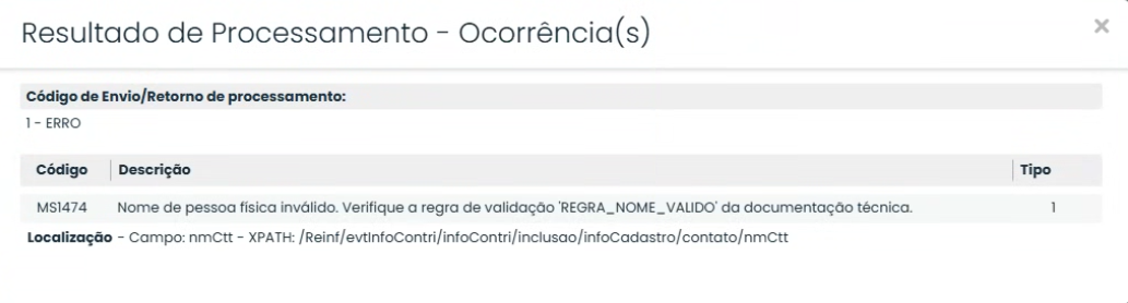 Tela de ocorrência do Sistema Contábil Makro exibindo o Reinf Erro MS1474 com validação de nome inválido no evento R-1000.