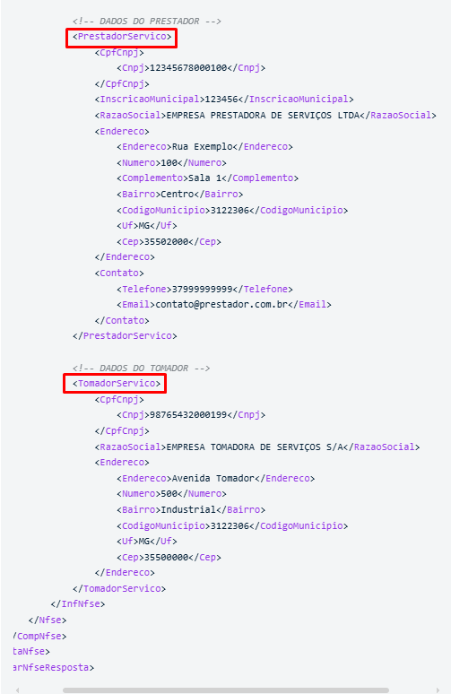 Código XML exibindo dados de prestador e tomador no Sistema Contábil Makro na validação da nota vinculada à empresa incorreta.