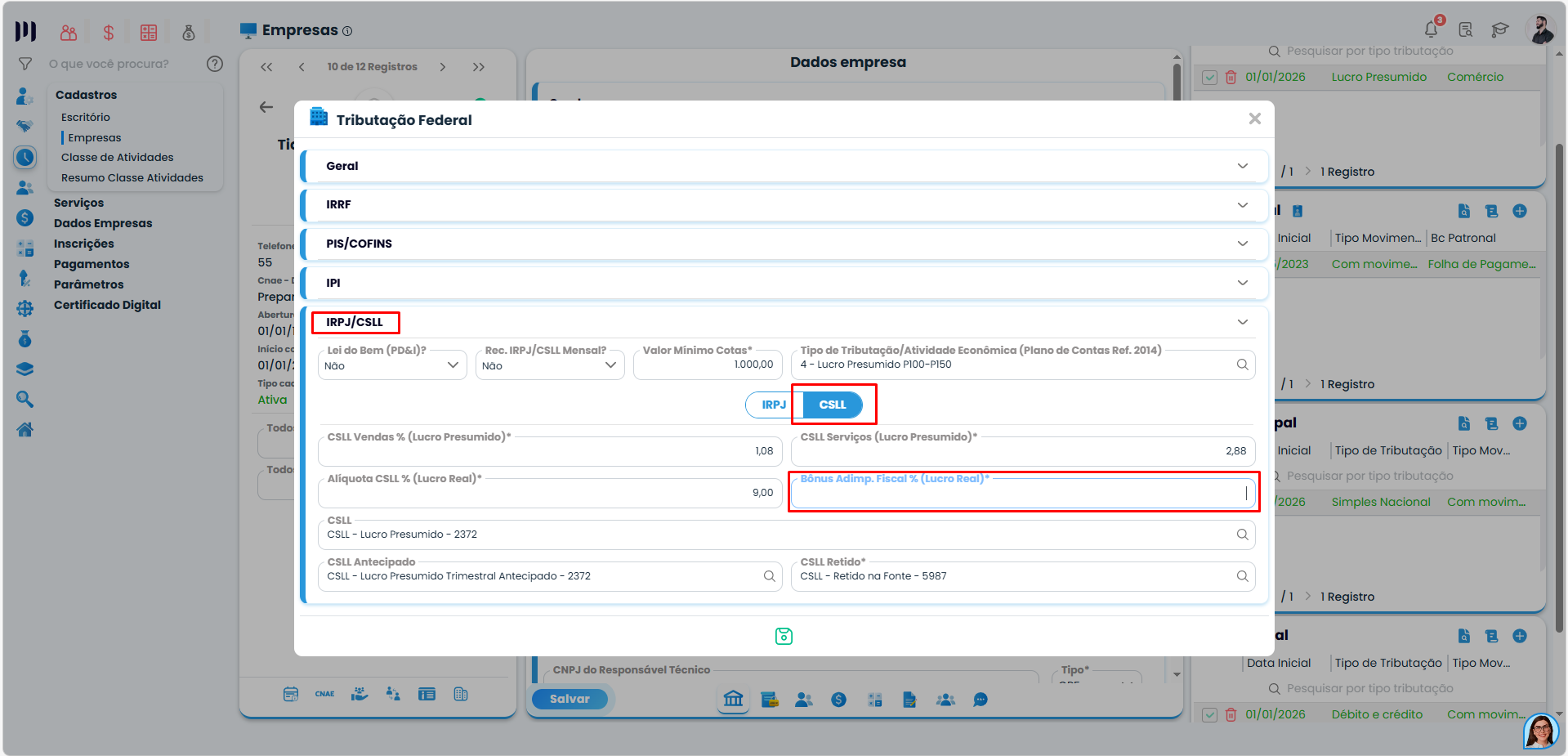 Tela do Sistema Contábil Makro exibindo a Configuração do Bônus A+ na aba IRPJ/CSLL com destaque no campo bônus fiscal.