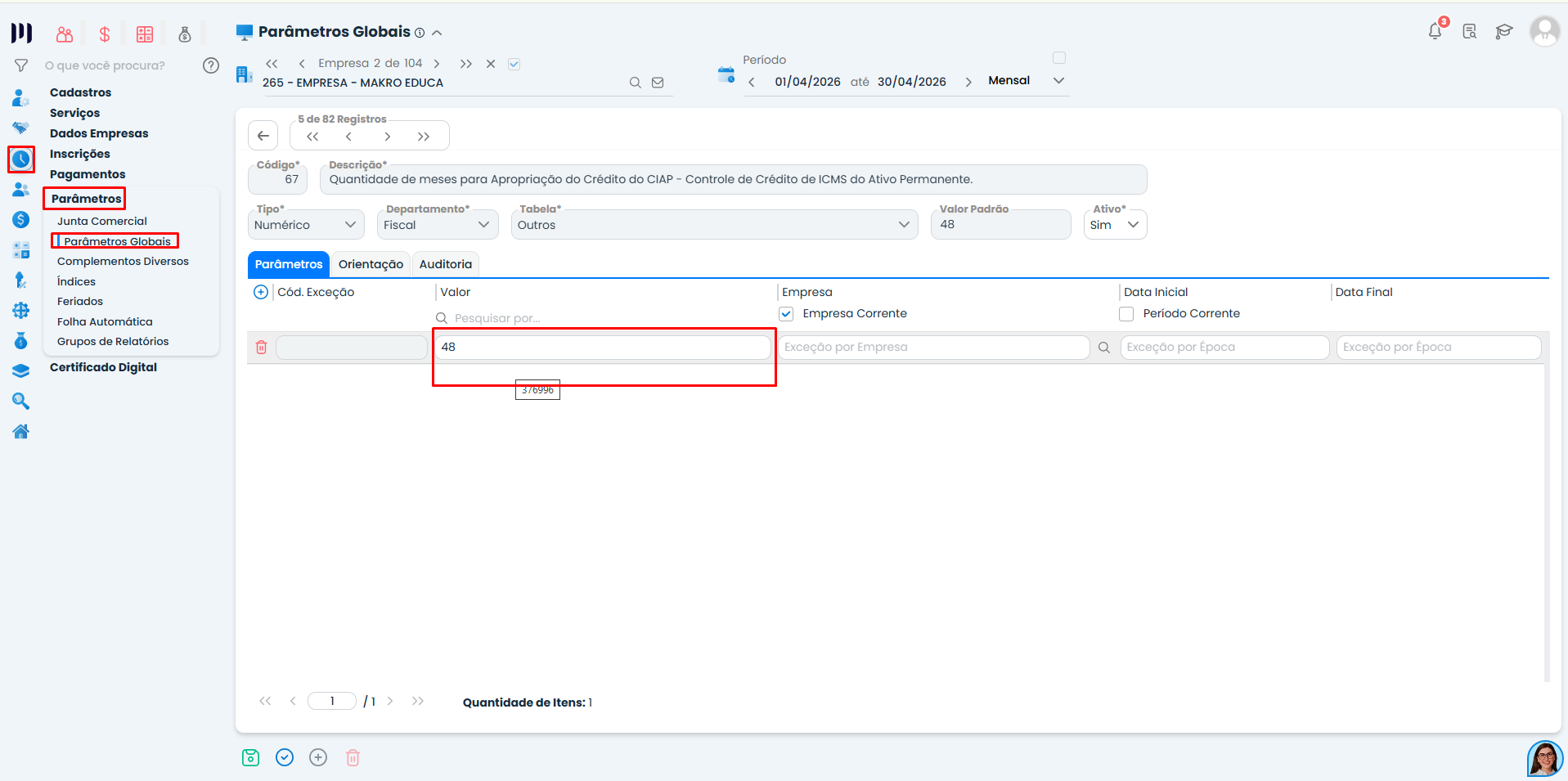 Tela do Sistema Contábil Makro exibindo configuração de quantidade de meses para apropriação do Crédito do CIAP no parâmetro 67.