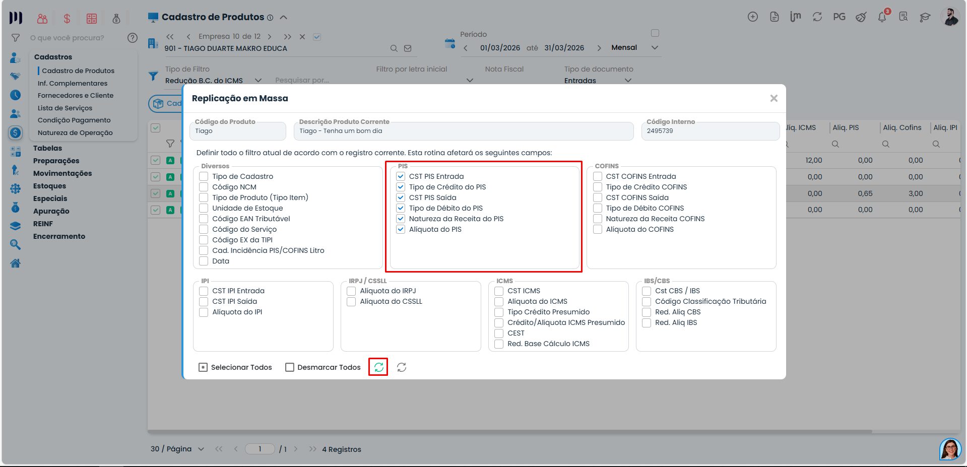 Janela de replicação do Sistema Contábil Makro exibindo Informações do Cadastro de Produto para múltiplos itens.