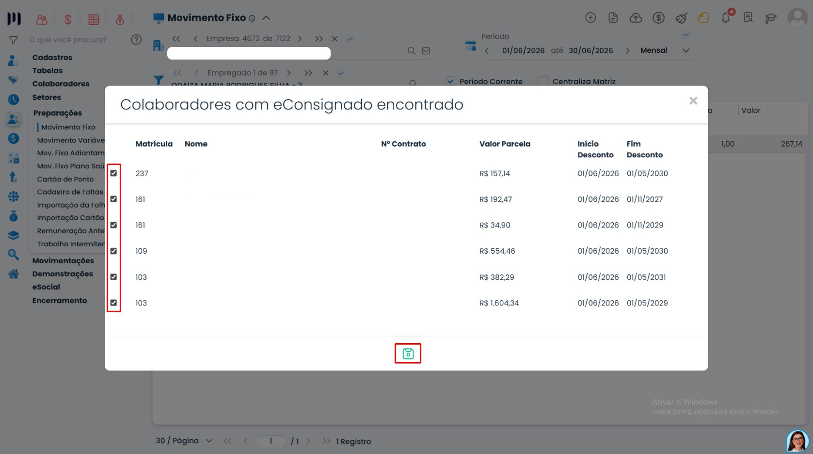 Janela do Sistema Contábil Makro mostrando colaboradores localizados para importação de Empréstimo eConsignado automática.