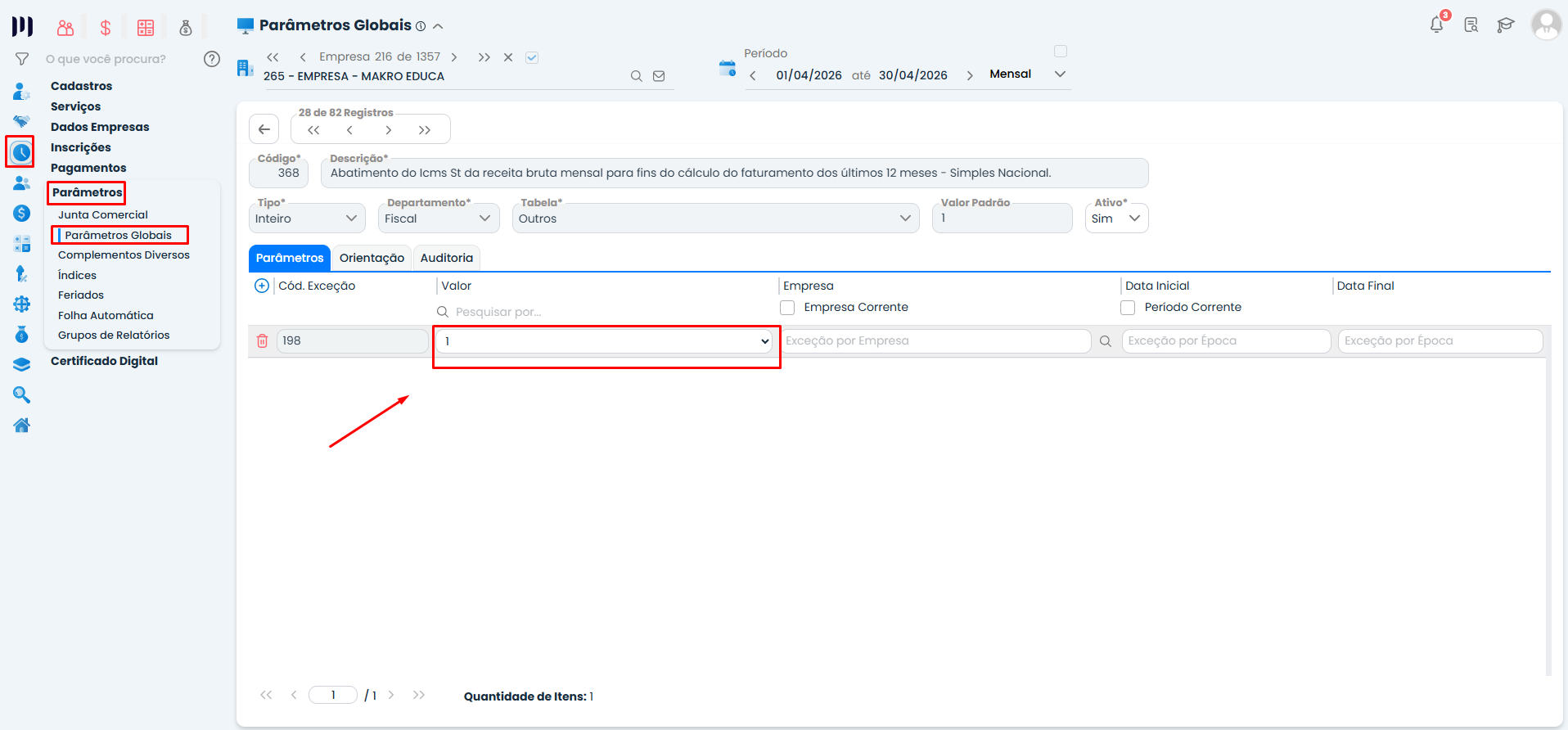 Tela do Sistema Contábil Makro exibindo o Parâmetro 368 para configuração do abatimento do ICMS ST no Simples Nacional.