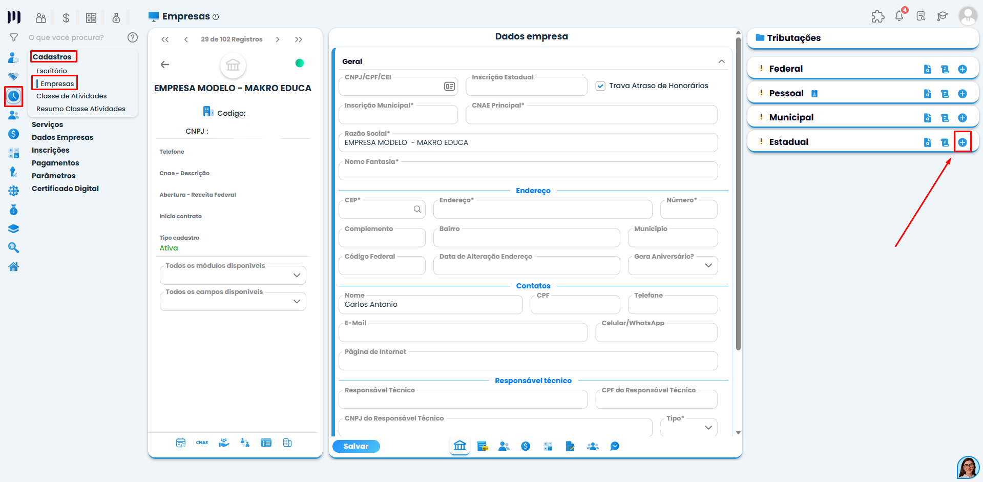 Tela do Sistema Contábil Makro exibindo acesso à aba de Tributação Estadual para configurar dados fiscais da empresa.