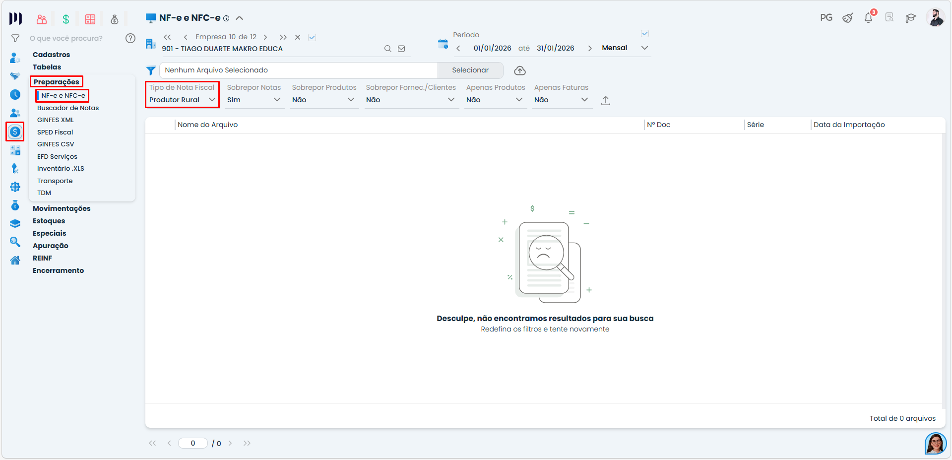 Tela de importação XML no Sistema Contábil Makro com Tipo de Nota Fiscal definido como Produtor Rural para Venda de Produtor Rural.