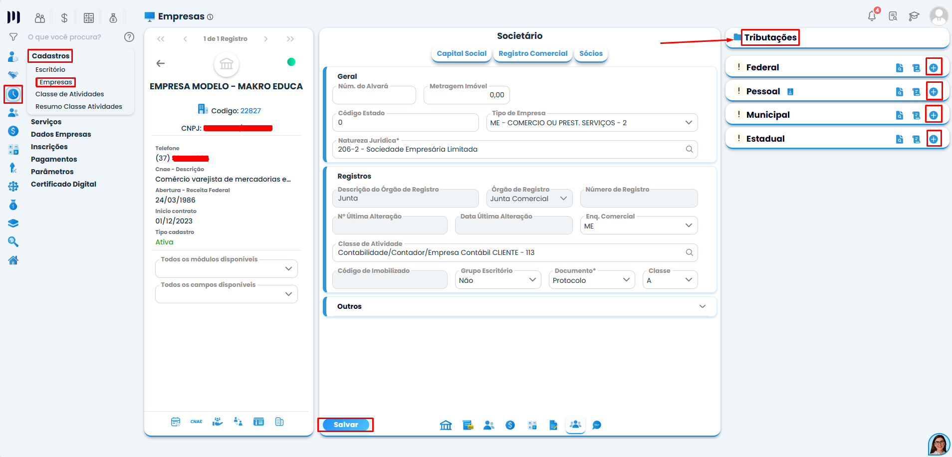 Cadastro de tributação durante encerramento de período fiscal no Sistema Contábil Makro com acesso às tributações da empresa.