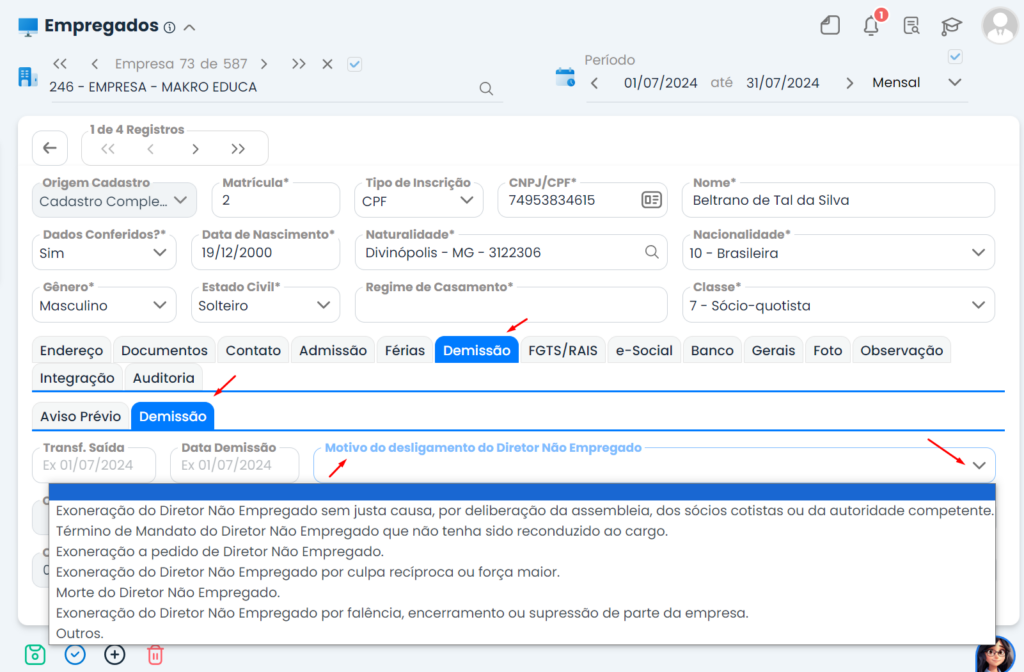 Tela de demissão de empregados no Sistema Contábil Makro mostrando gestão de colaboradores e soluções para as limitações do plano gratuito.