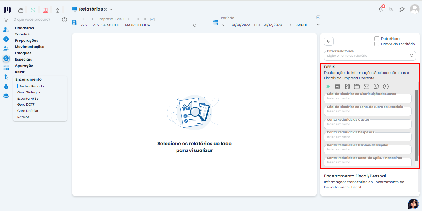 Painel DEFIS no Sistema Contábil Makro com campos de históricos e contas reduzidas para geração de DEFIS manual.