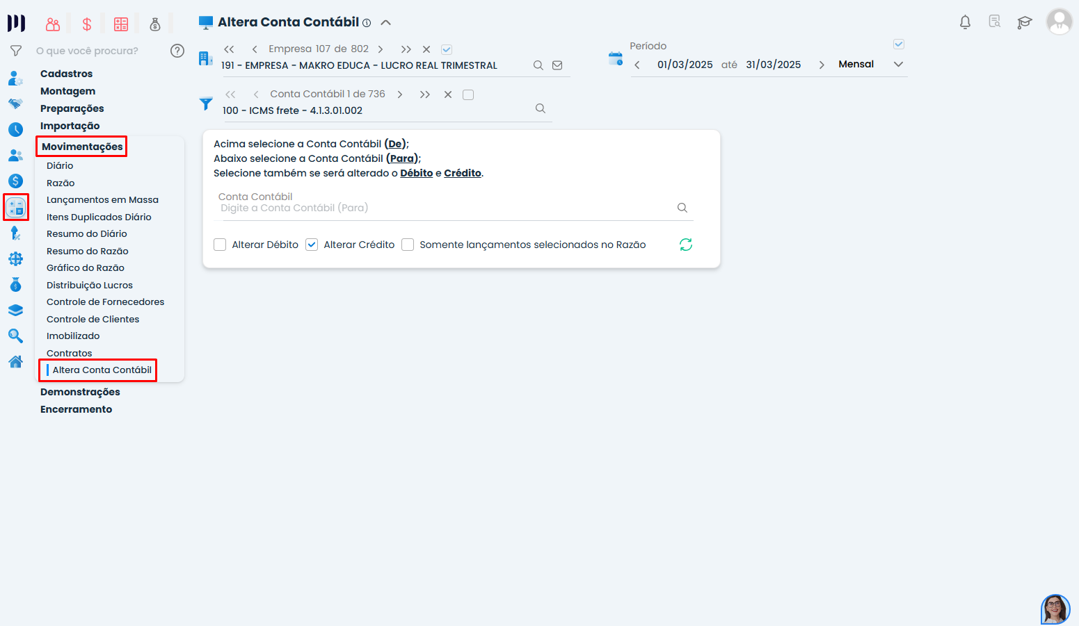 Tela de Alteração Conta contábil no Sistema Contábil Makro com menu de movimentações destacado para troca de contas contábeis.