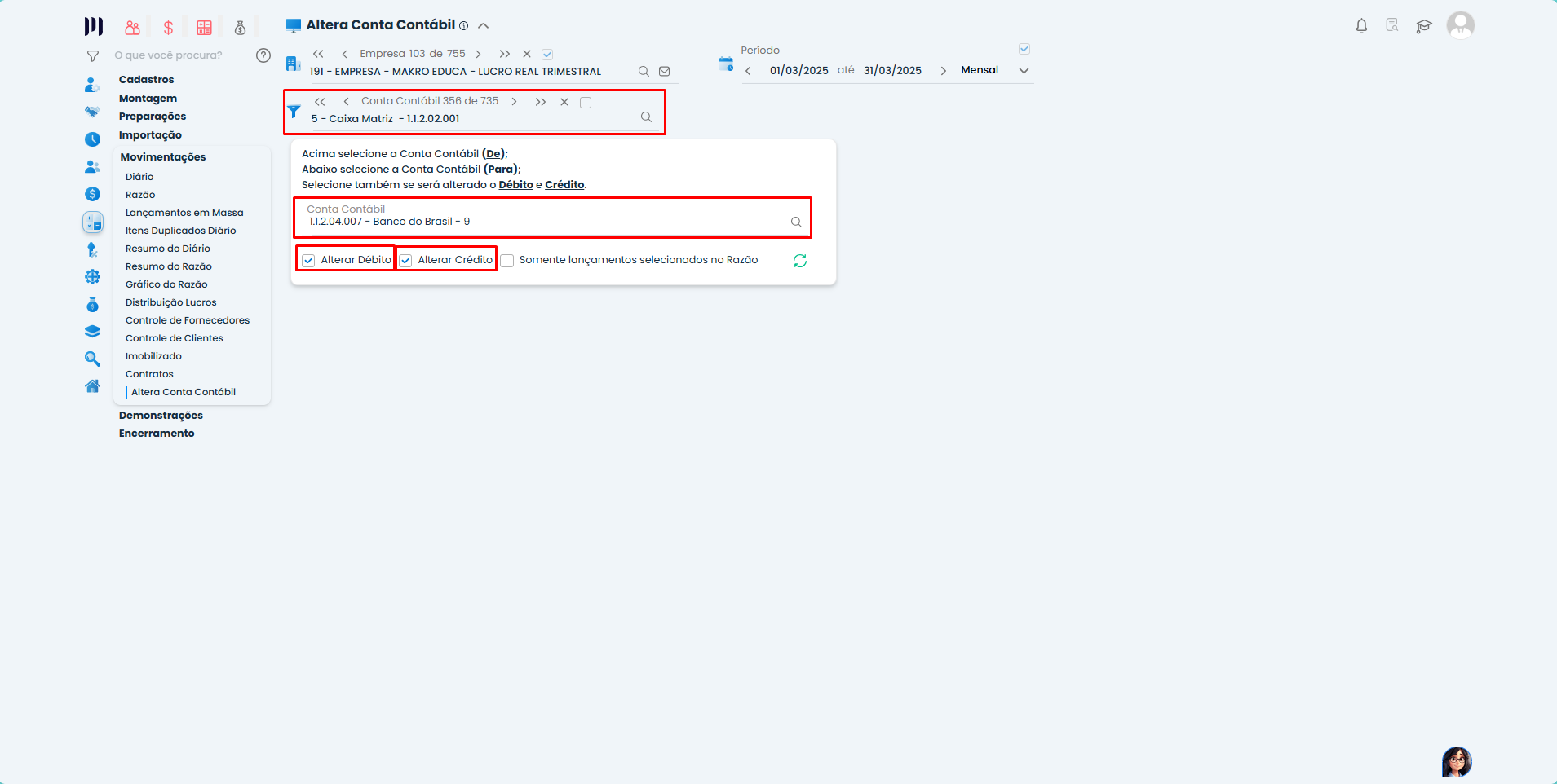 Configuração da Alteração Conta contábil no Sistema Contábil Makro com definição das contas DE e PARA e opções de débito.