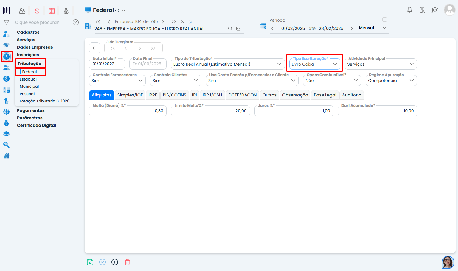 Tela do Sistema Contábil Makro em Tributação Federal com Tipo de Escrituração em Livro Caixa para ECF com o Q100 configurada.