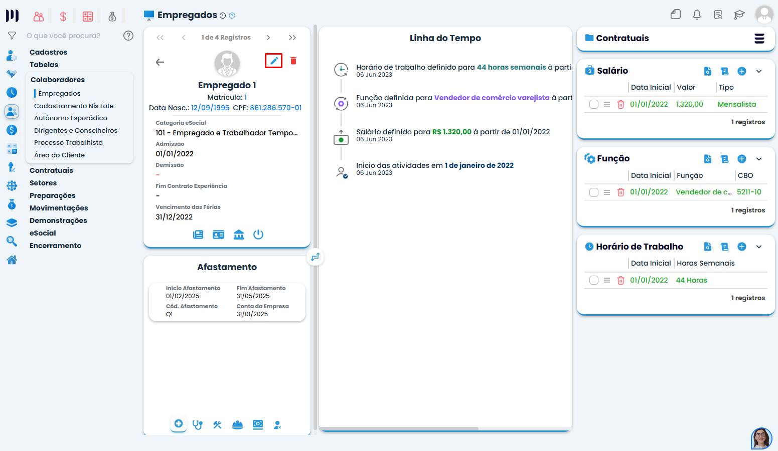 Painel de empregado no Sistema Contábil Makro com opção de editar cadastro para resolver assinatura do responsável nas demonstrações contábeis.