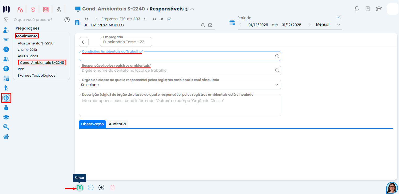 Tela de responsáveis ambientais no Sistema Contábil Makro vinculada ao envio das Condições ambientais S-2240.