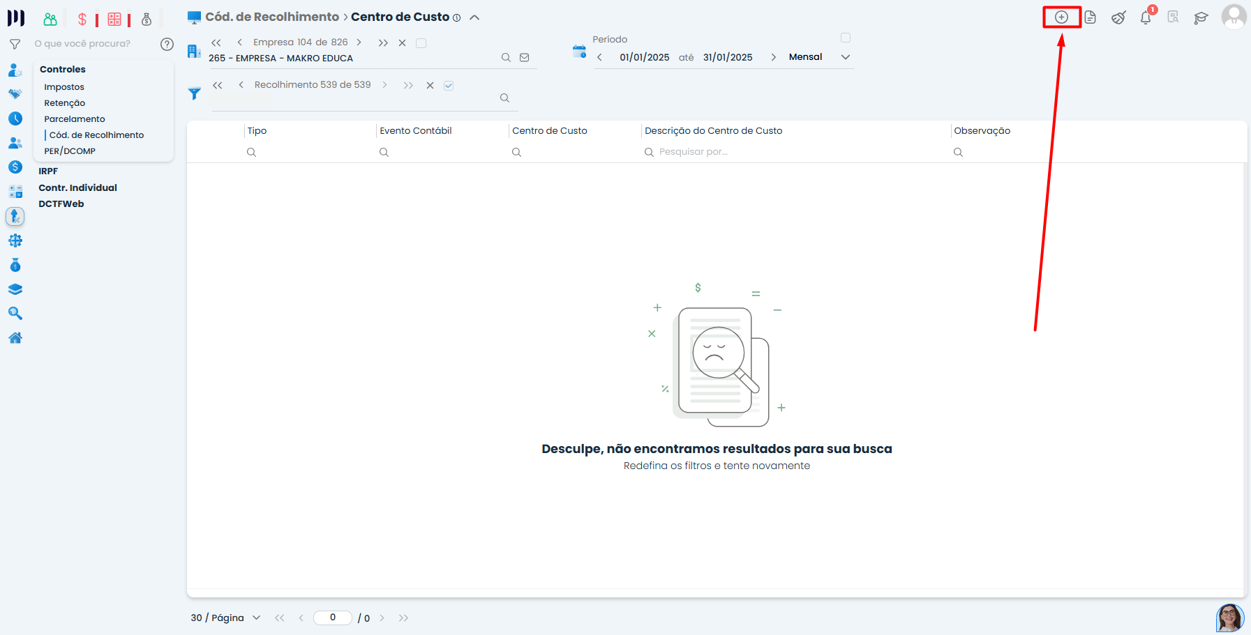 Painel do Sistema Contábil Makro exibindo inclusão de centro de custo para código de recolhimento com botão destacado.