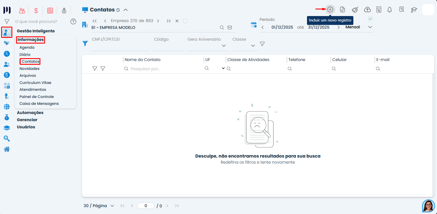 Tela de contatos do Sistema Contábil Makro exibindo inclusão de cadastro para responsável do PCMSO no menu Informações.