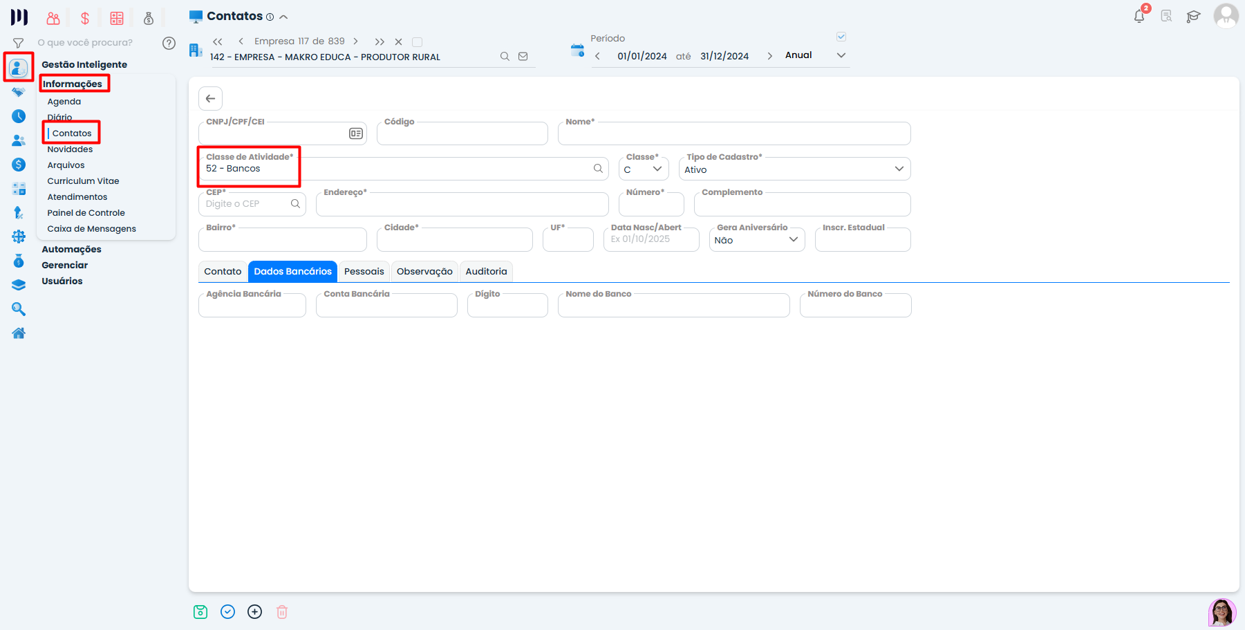Cadastro de contatos bancários no Sistema Contábil Makro configurado com classe bancos para integração ao Cadastro LCDPR.