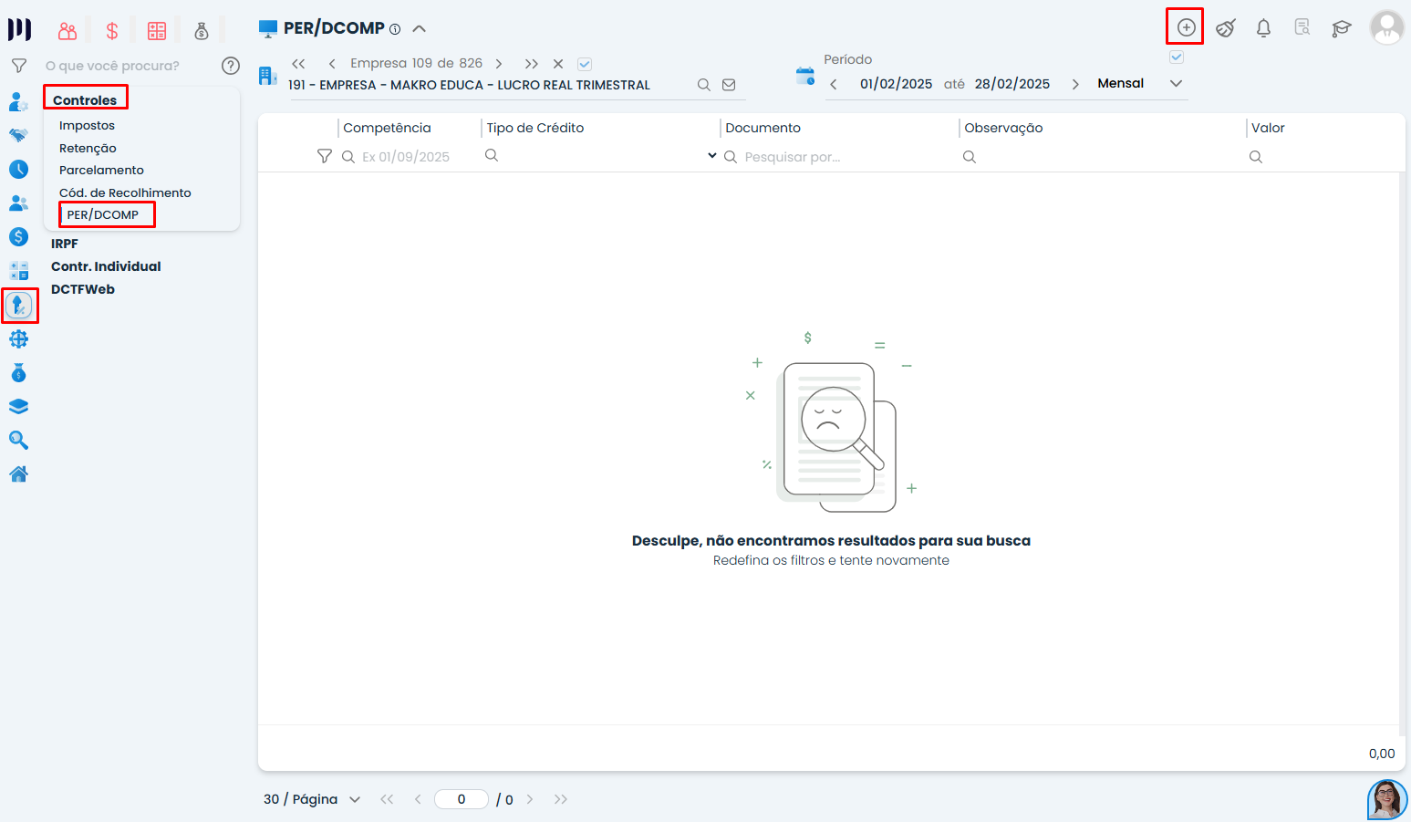 Tela PER/DCOMP da DCTFWeb no Sistema Contábil Makro com opção de inclusão de crédito para pagamento indevido ou em duplicidade.