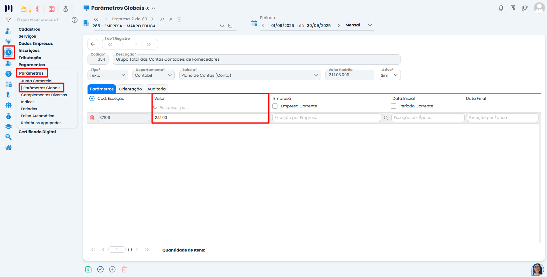 Parâmetro global 354 configurado no Sistema Contábil Makro para agrupamento da contabilização de cada fornecedor.