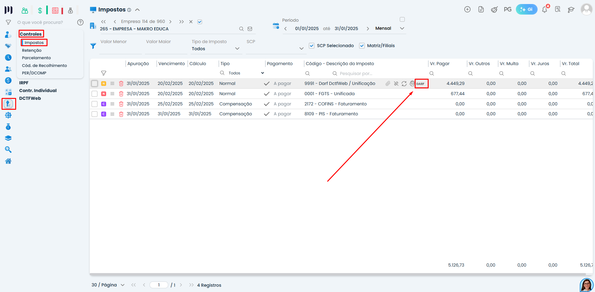 Tela de impostos do Sistema Contábil Makro mostrando acesso à DARF DCTFWeb para ajuste da Guia de DCTFWeb no sistema e no eCAC.