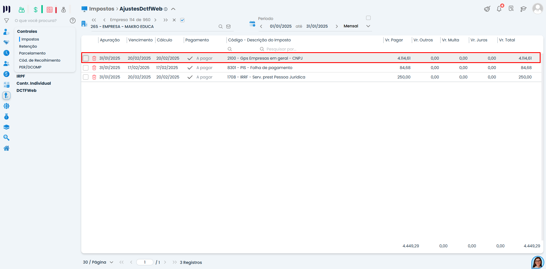 Lista de tributos no Sistema Contábil Makro destacando imposto com diferença na Guia de DCTFWeb no sistema e no eCAC.