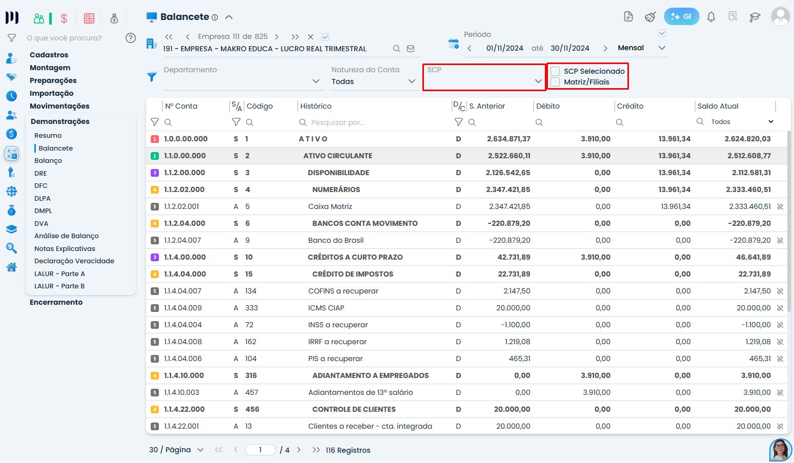Painel do Sistema Contábil Makro apresentando filtros do balancete com seleção de SCP e matriz filiais para visualização por empresa.