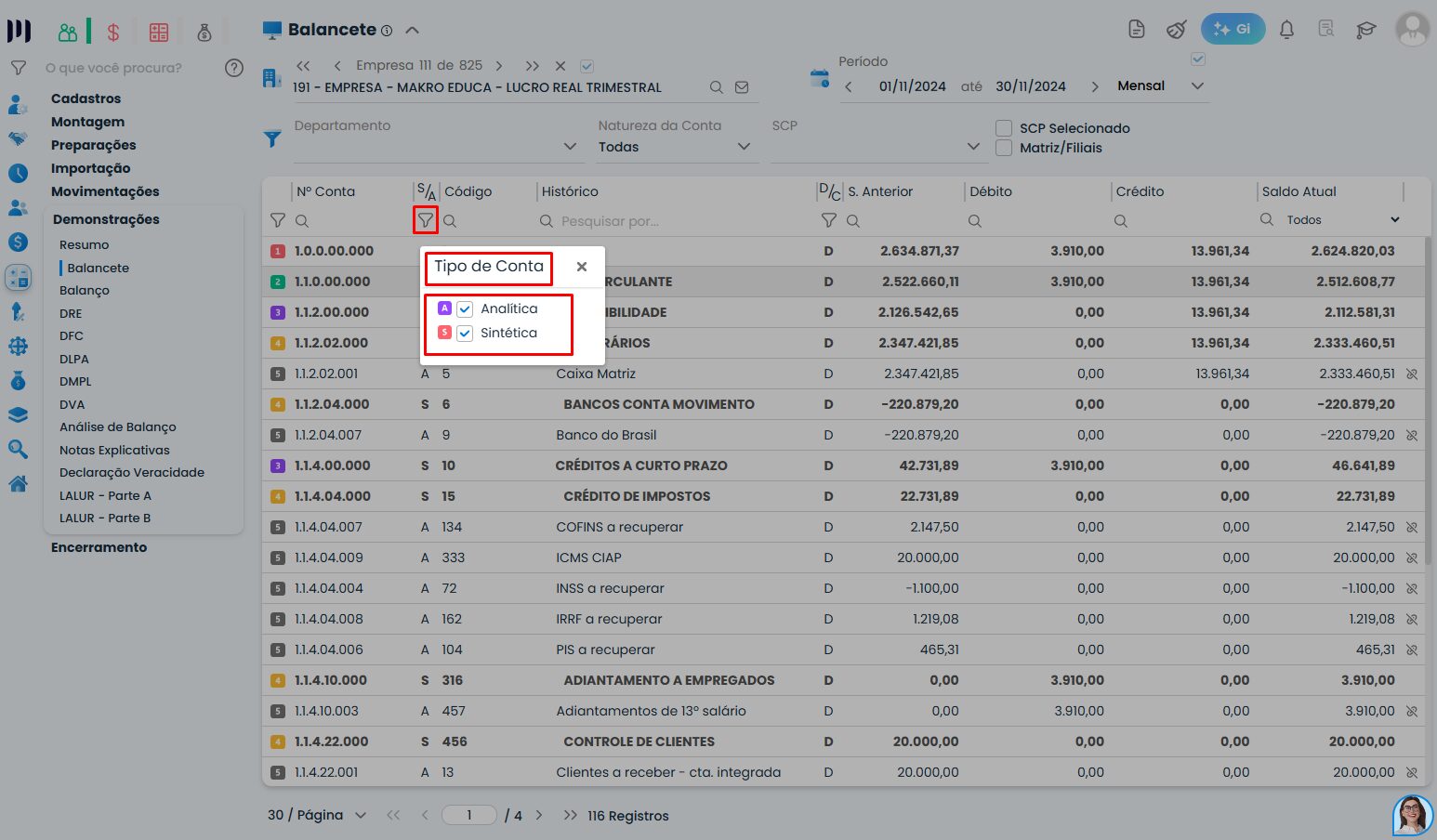 Tela do Sistema Contábil Makro com filtro tipo de conta no balancete destacando opções analítica e sintética para visualização contábil.