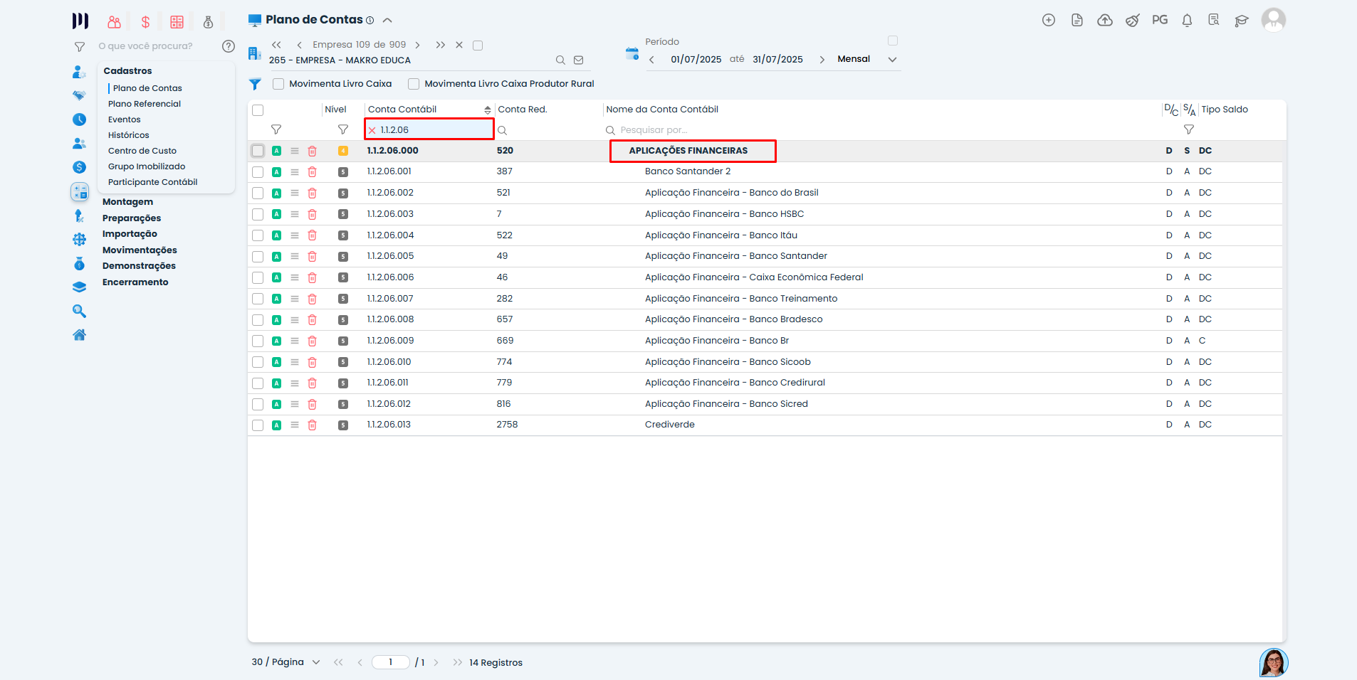 Plano de contas do Sistema Contábil Makro exibindo grupo Aplicações Financeiras utilizado na configuração da DEFIS.
