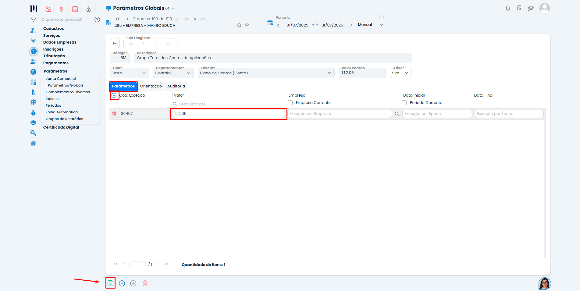 Configuração do parâmetro 518 no Sistema Contábil Makro com grupo de aplicações financeiras para geração da DEFIS.