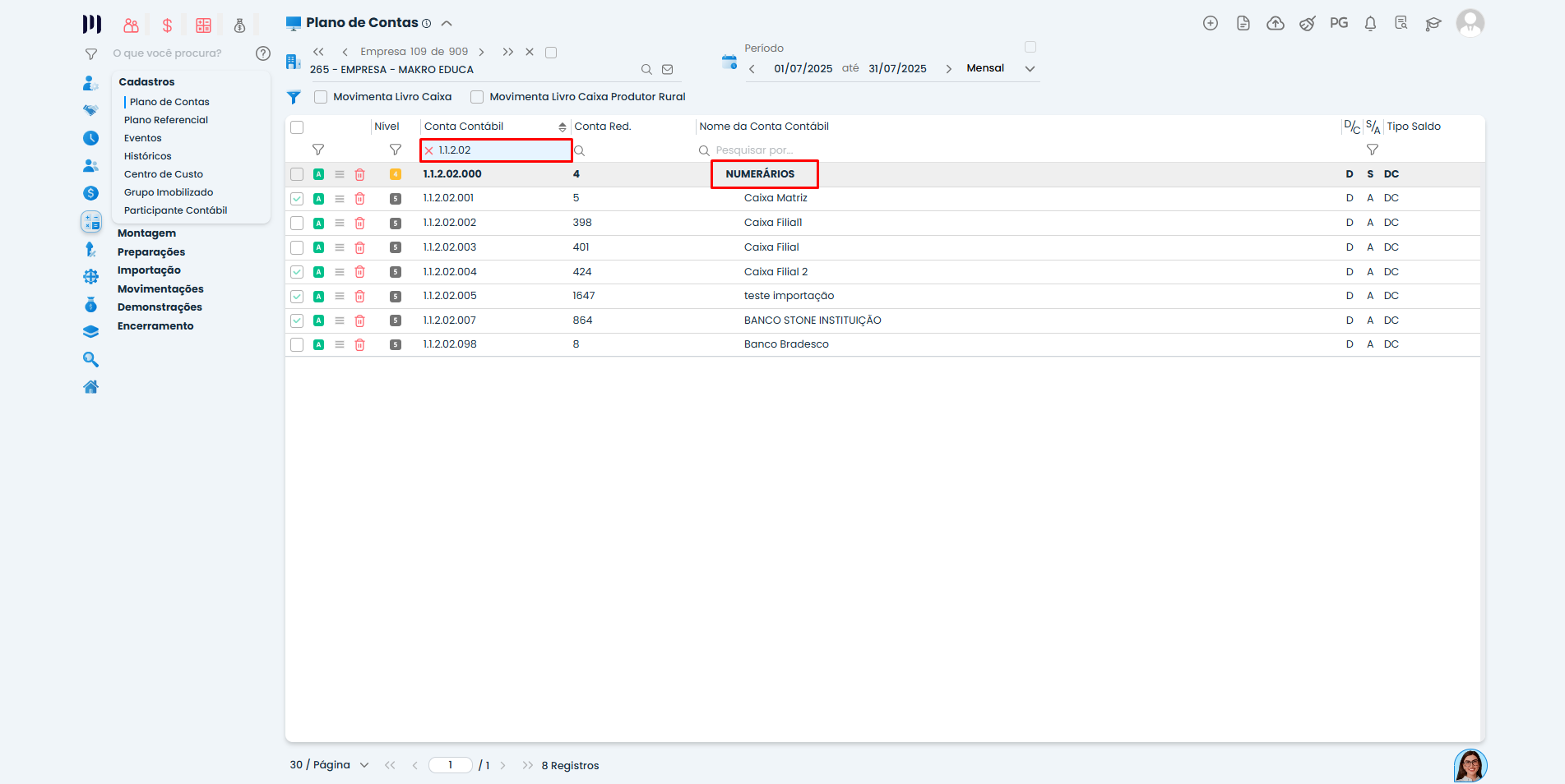 Plano de contas no Sistema Contábil Makro exibindo grupo Numerários utilizado na configuração de caixa da DEFIS.