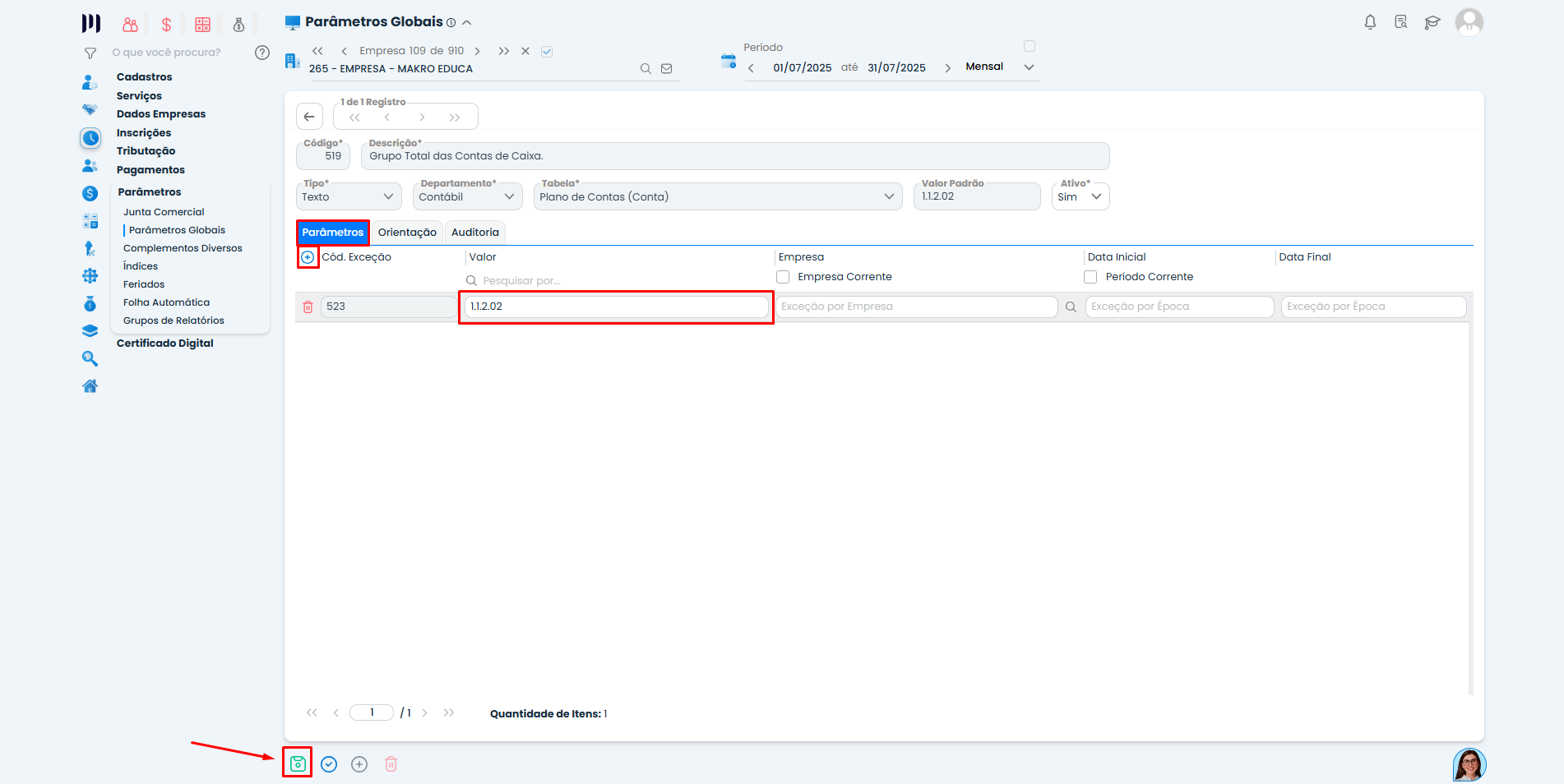 Cadastro do parâmetro 519 no Sistema Contábil Makro com grupo de caixa configurado para cálculo correto da DEFIS.