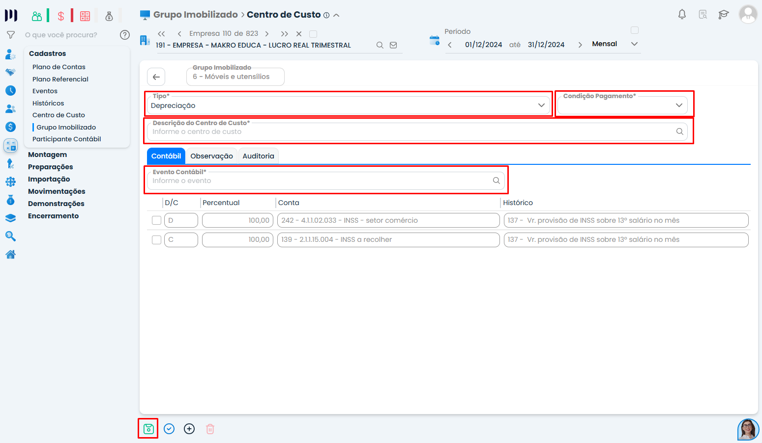 Cadastro de centro de custo e evento contábil no Sistema Contábil Makro para Geração de Depreciação do Imobilizado.