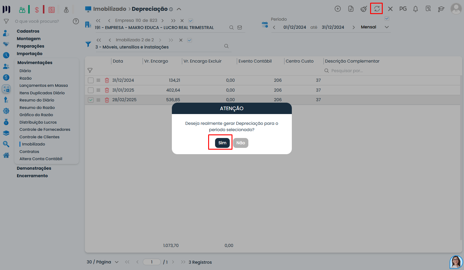 Confirmação de geração automática no Sistema Contábil Makro referente à Geração de Depreciação do Imobilizado.