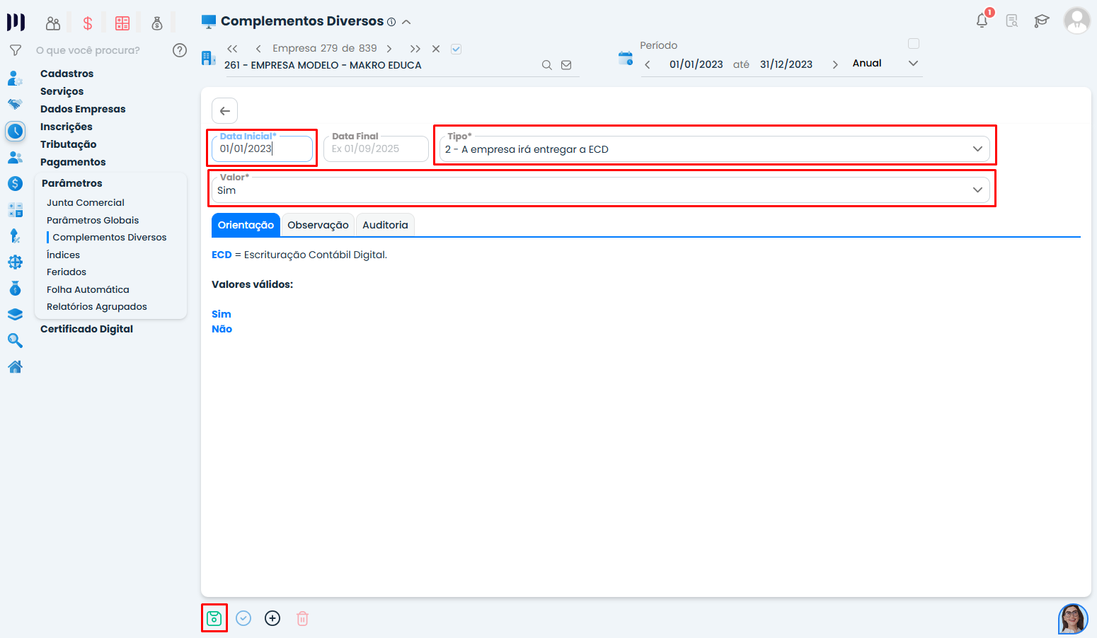 Configuração da ECD no Sistema Contábil Makro com preenchimento da data inicial, tipo de entrega e opção Sim ativada.