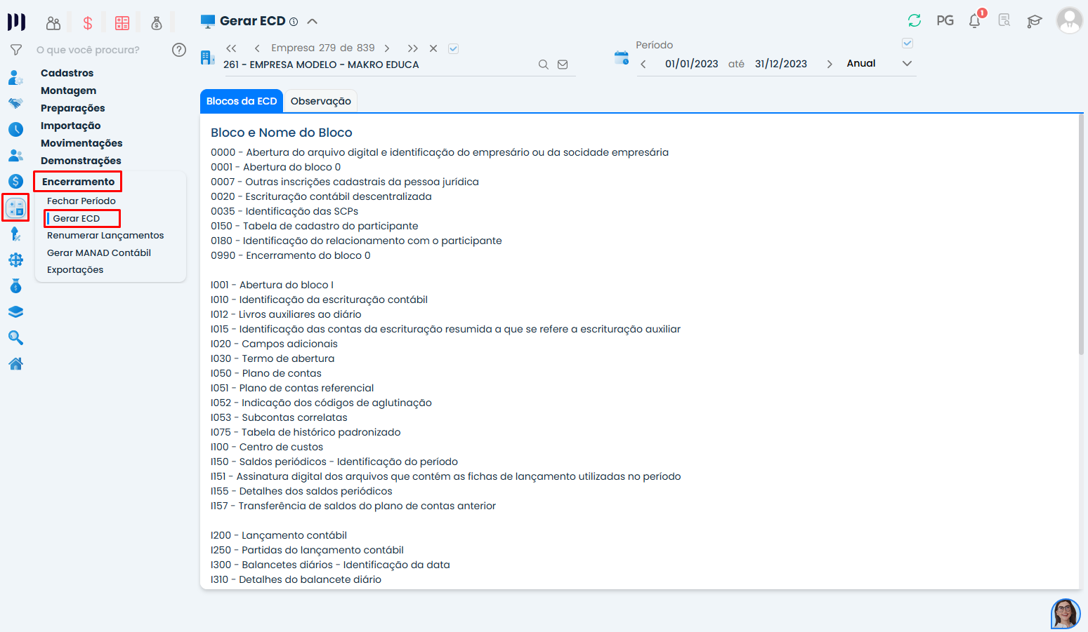Tela Gerar ECD no Sistema Contábil Makro exibindo os blocos da escrituração contábil digital para processamento do arquivo.