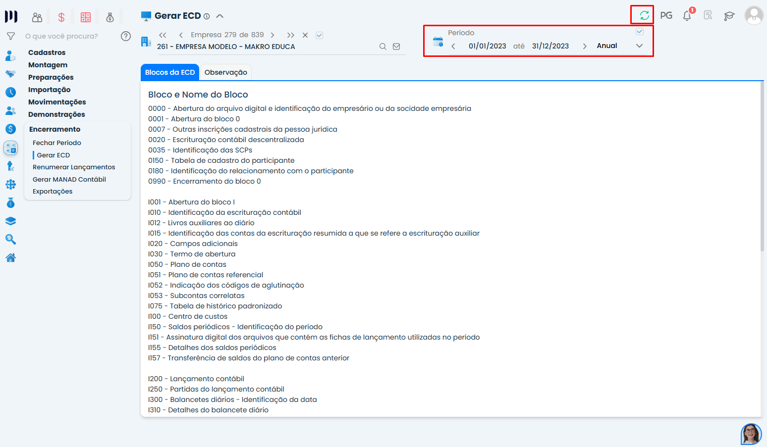 Tela de geração da ECD no Sistema Contábil Makro com definição do período contábil antes do processamento do arquivo.