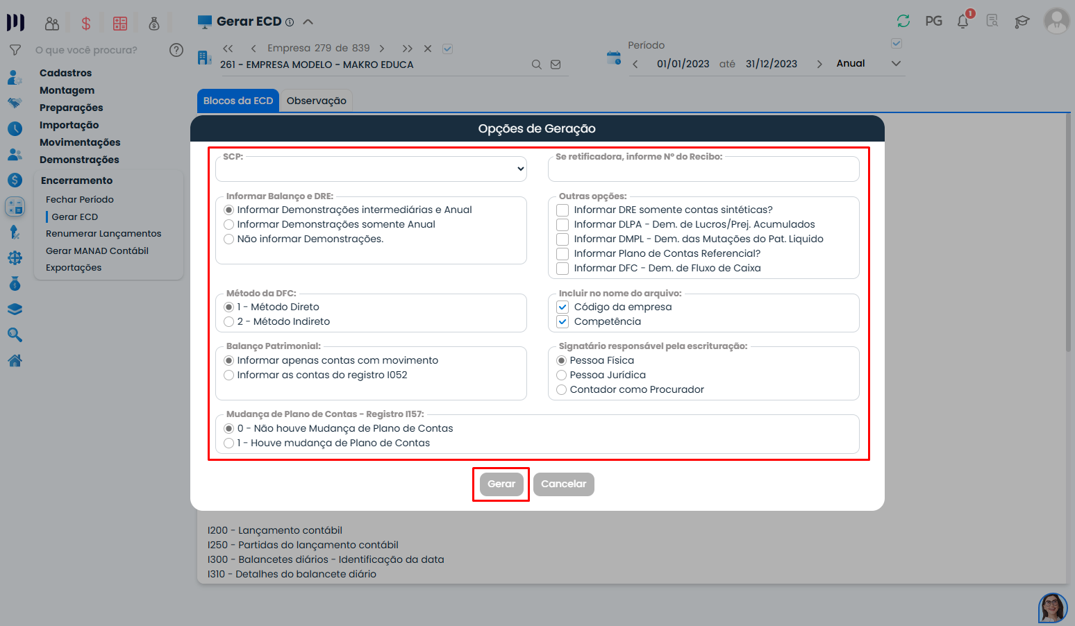 Janela de opções para gerar a ECD no Sistema Contábil Makro com configuração de SCP, DRE, DFC e signatário responsável.